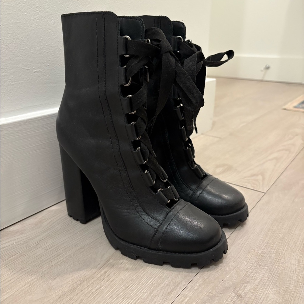 Black Lace-Up Chunky Heel Boots